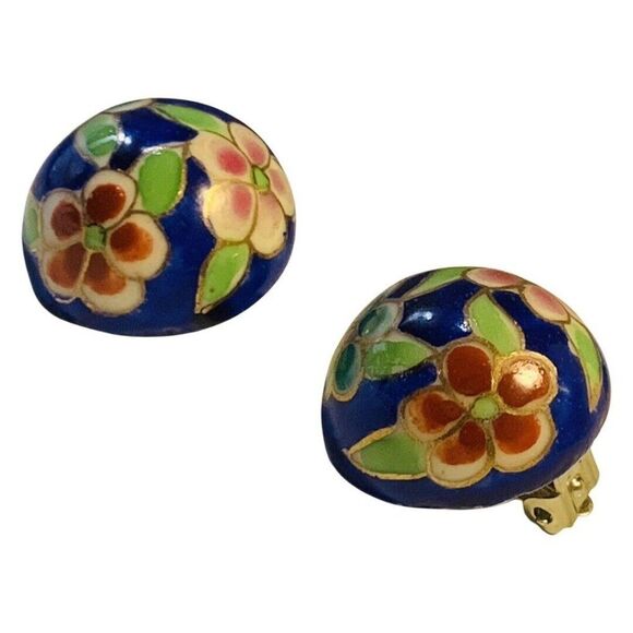 Womens Blue Cloisonné Enamel Flower Porcelain Button Vintage Clip On Earrings 1” - Picture 1 of 9